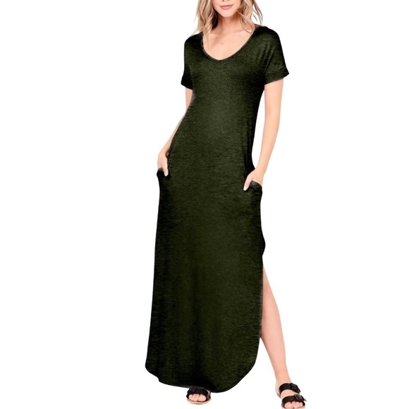 SHOP BASIC USA • Women’s Army Green Short Sleeve Slit Open Back Long Dress - Picture 1 of 8